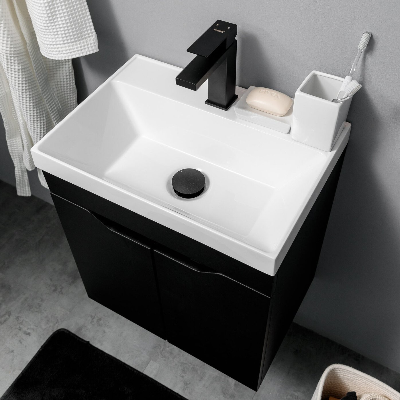 АРОНА 50 Комплект мебели подвесной с дверцами, фасад МДФ с вырезами (под Слим 50/Альтаис 35), Черный AR-T50-Bl