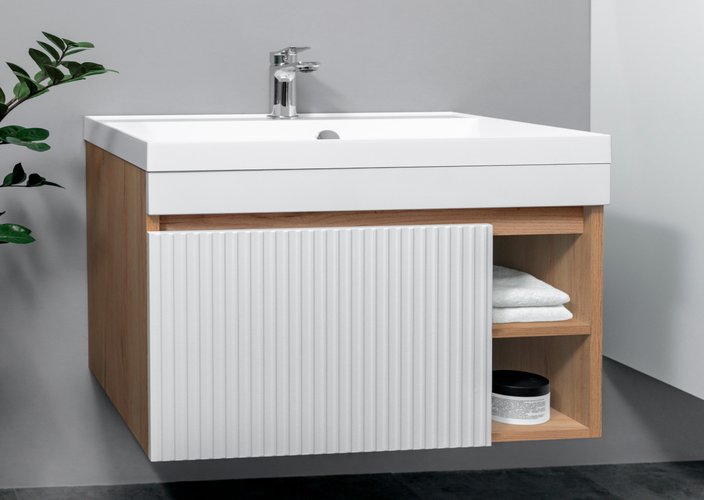 DELLA 60 комплект, подвесной с 1 дверцей и 2 нишами, фасад фрезерованный (под раковину Астория), цвет Белый+крафт De-T60-A-W/KPW