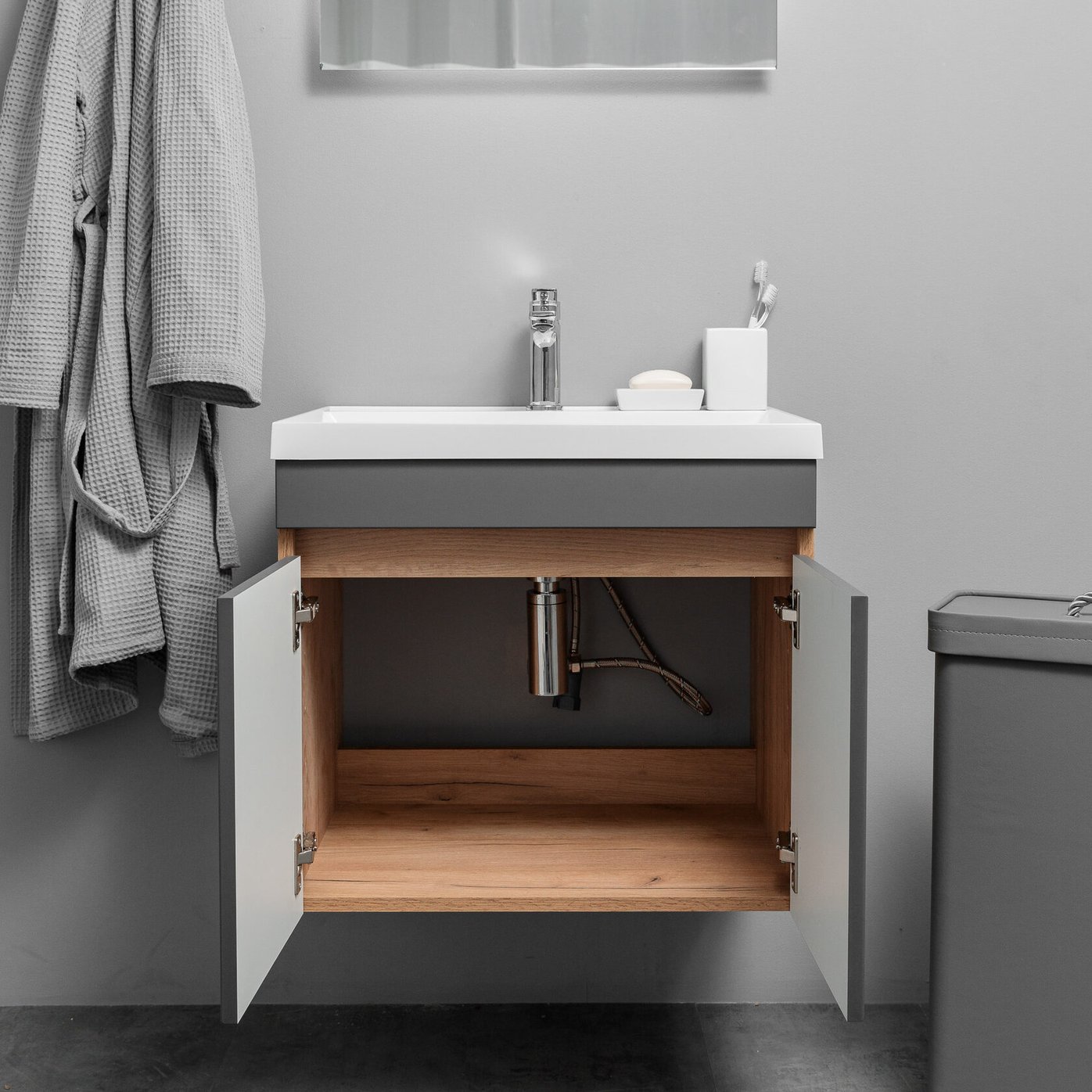 НЕМИ 60 комплект мебели подвесной c дверцами (тумба + умывальник Дакота 60), Дуб крафт + Графит NM-D-T60Gr/PW