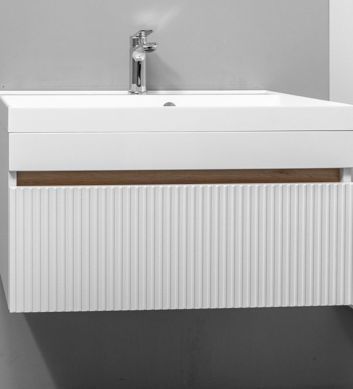 ЗЕФИРО 70 Комплект мебели подвесной c 1 ящиком, фасад МДФ с фрезеровкой (тумба + раковина Астория 70), Белый+Крафт ZE-T70-W/PW