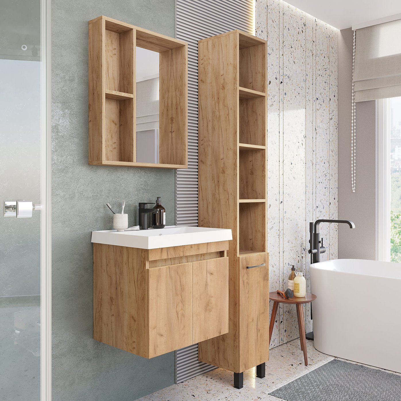 ИЗЕО 60 комплект мебели подвесной c дверцами (тумба + умывальник Дакота 60), Дуб Крафт золотой