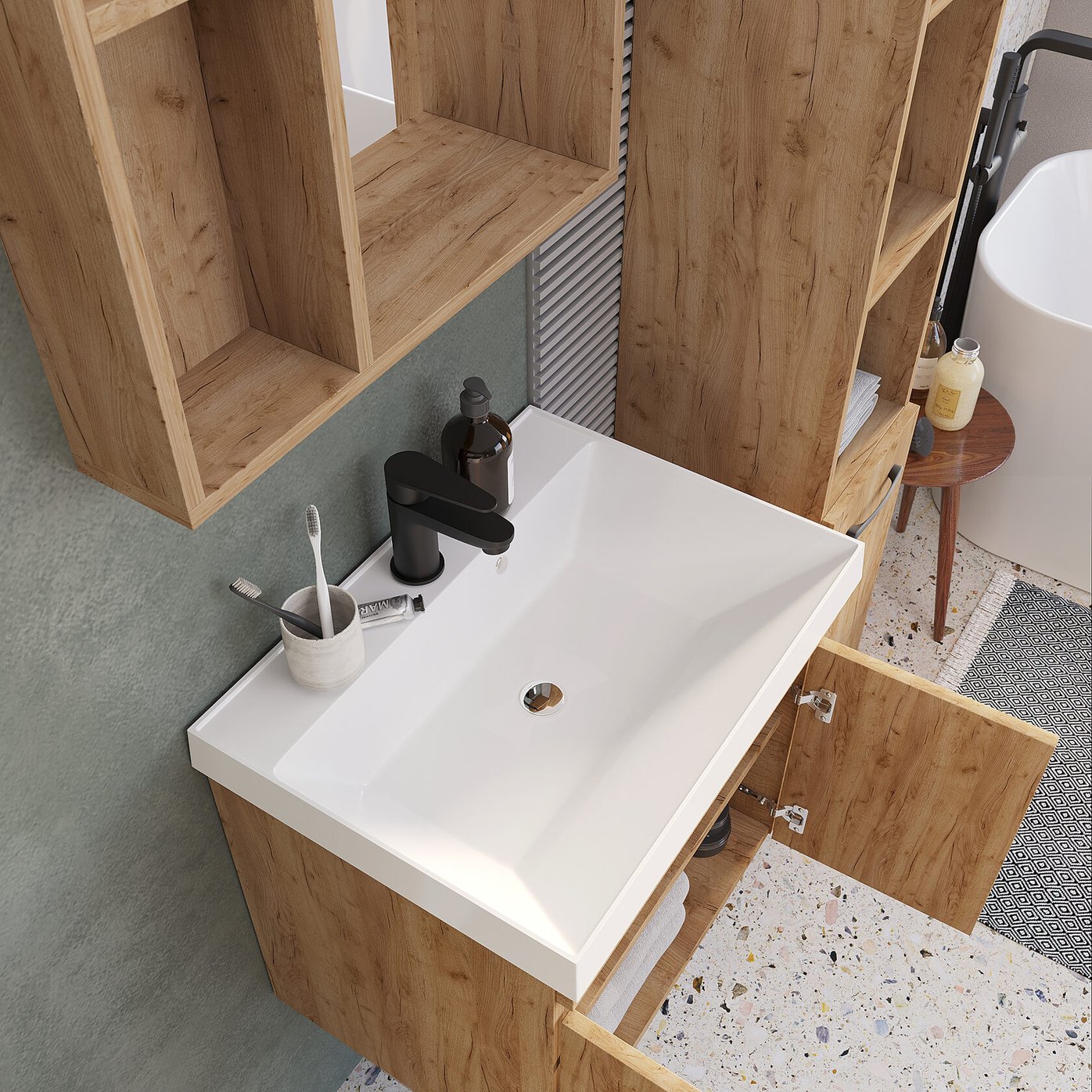 ИЗЕО 60 комплект мебели подвесной c дверцами (тумба + умывальник Дакота 60), Дуб Крафт золотой