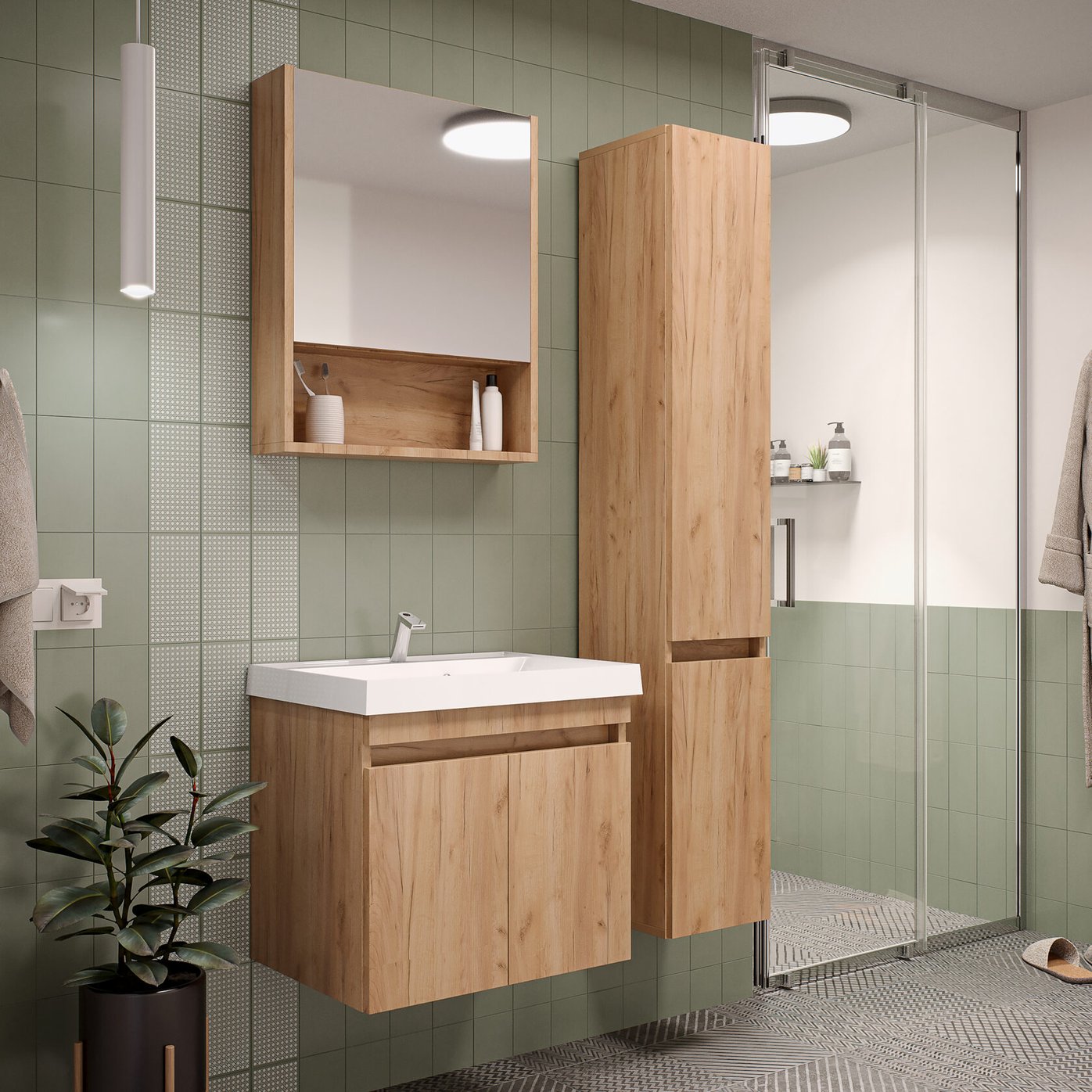 ИЗЕО 60 комплект мебели подвесной c дверцами (тумба + умывальник Дакота 60), Дуб Крафт золотой