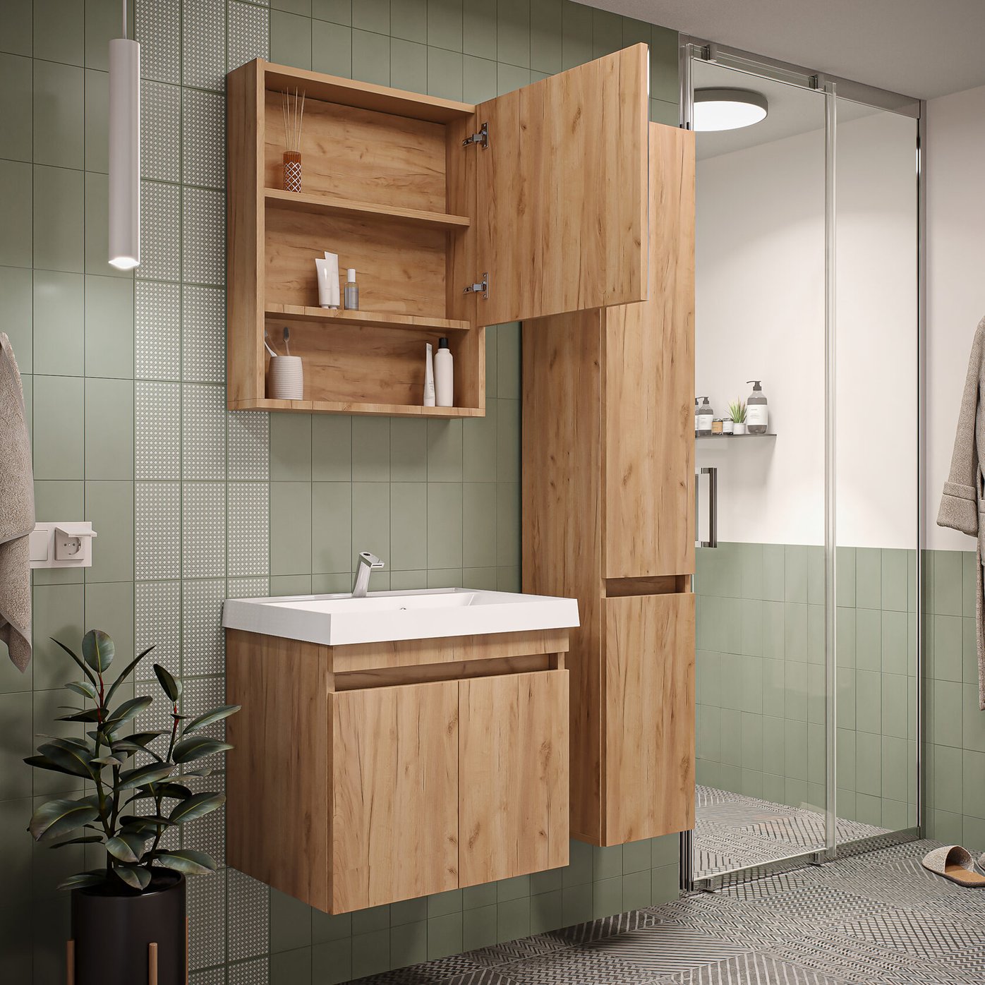 ИЗЕО 60 комплект мебели подвесной c дверцами (тумба + умывальник Дакота 60), Дуб Крафт золотой