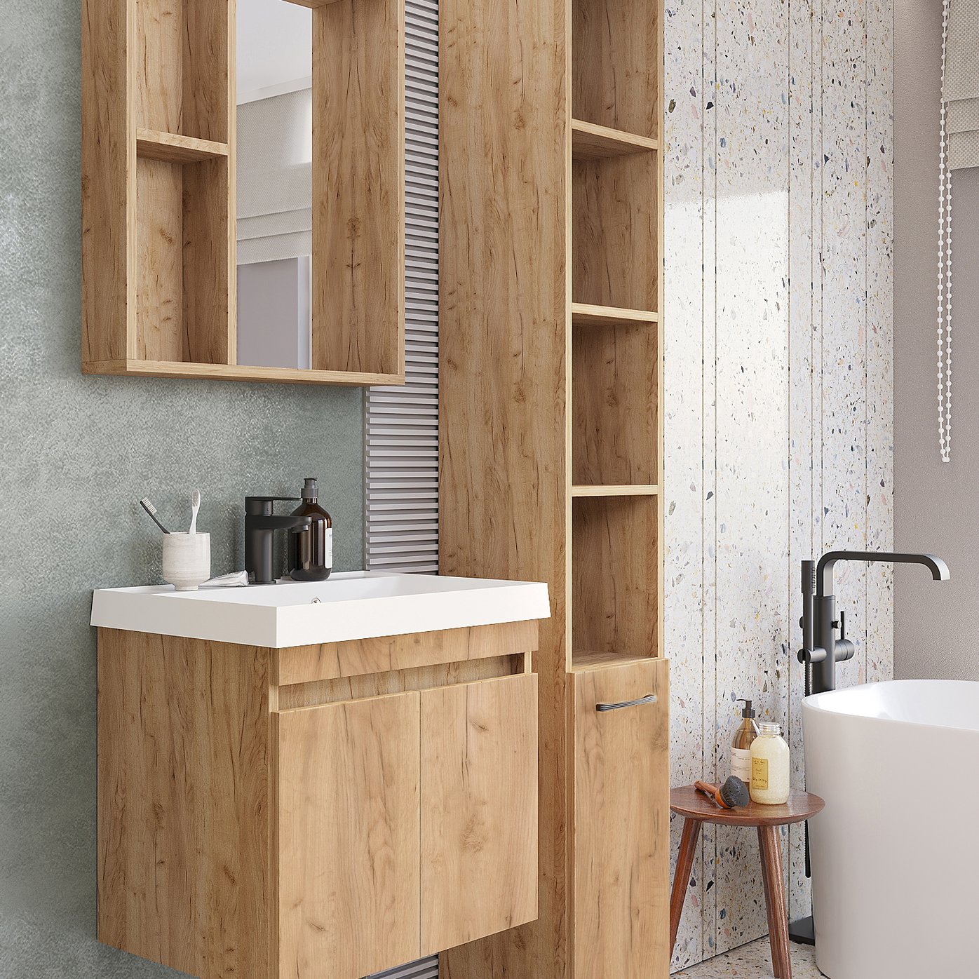 ИЗЕО 60 комплект мебели подвесной c дверцами (тумба + умывальник Дакота 60), Дуб Крафт золотой