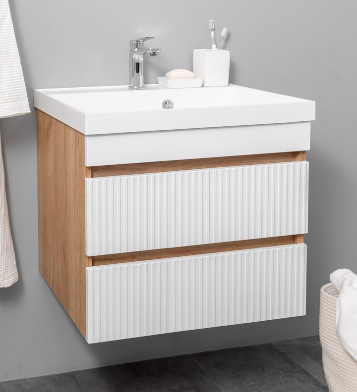 SCANNO 60 Комплект мебели подвесной c ящиками (фрезеровка) (с раковиной Дакота), Белый+Дуб крафт