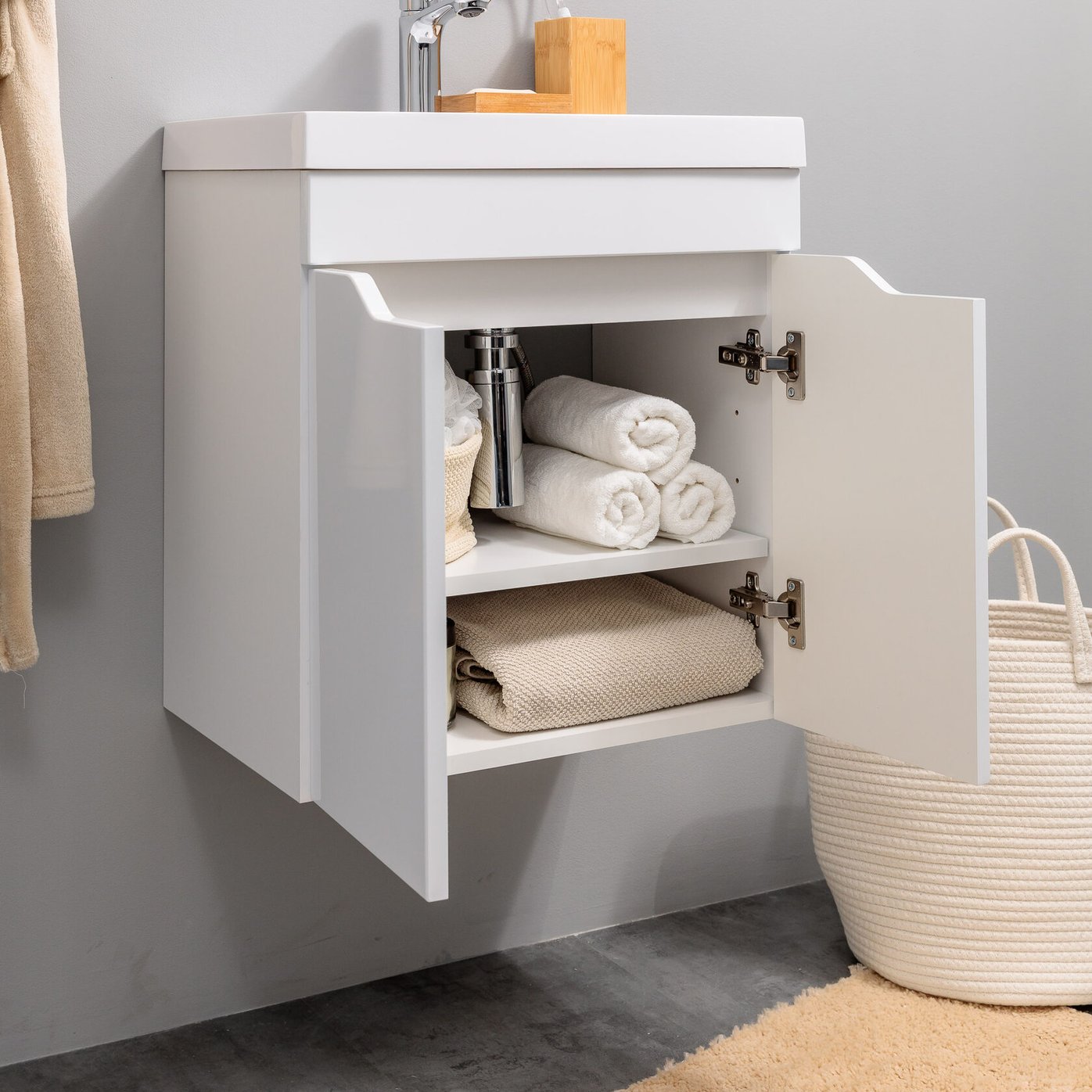 АРОНА 50 Комплект мебели подвесной с дверцами, фасад МДФ с вырезами (под Слим 50/Альтаис 35), Белый AR-T50-W