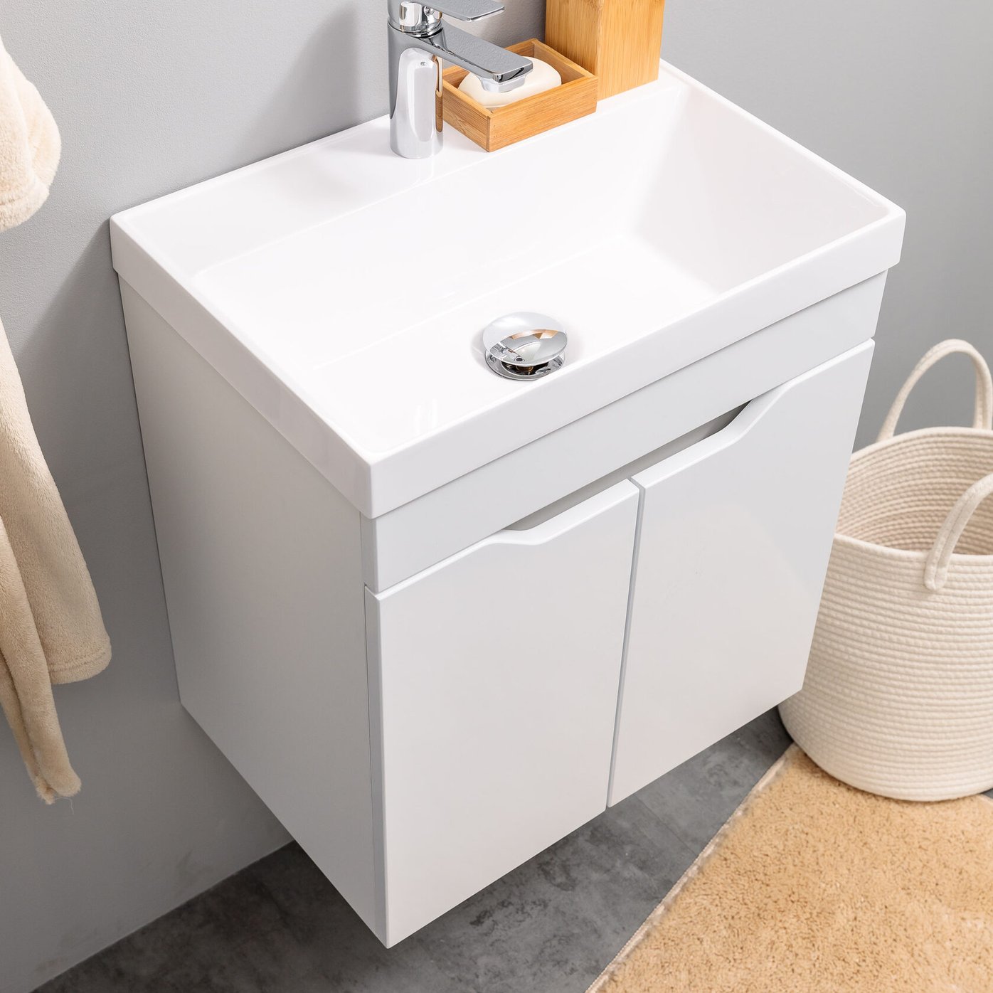 АРОНА 50 Комплект мебели подвесной с дверцами, фасад МДФ с вырезами (под Слим 50/Альтаис 35), Белый AR-T50-W