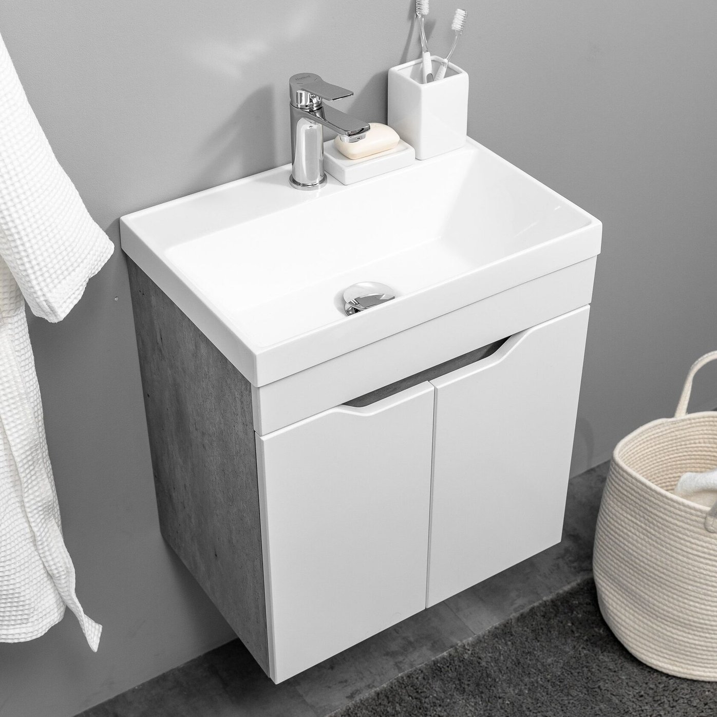 АРОНА 50 Комплект мебели подвесной, 2 дверцы с вырезами (под Слим 50/Альтаис 35), Белый/Бетон метрополитан AR-T50-W/BM