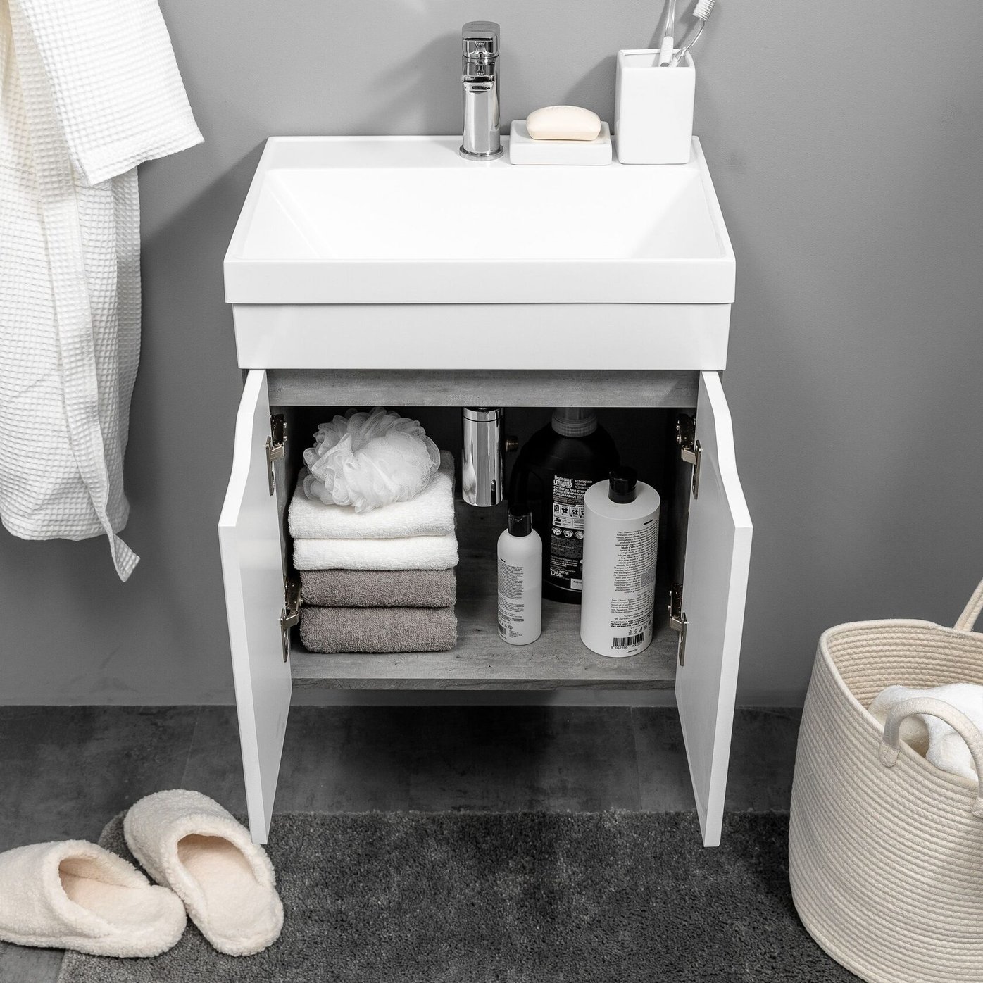 АРОНА 50 Комплект мебели подвесной, 2 дверцы с вырезами (под Слим 50/Альтаис 35), Белый/Бетон метрополитан AR-T50-W/BM