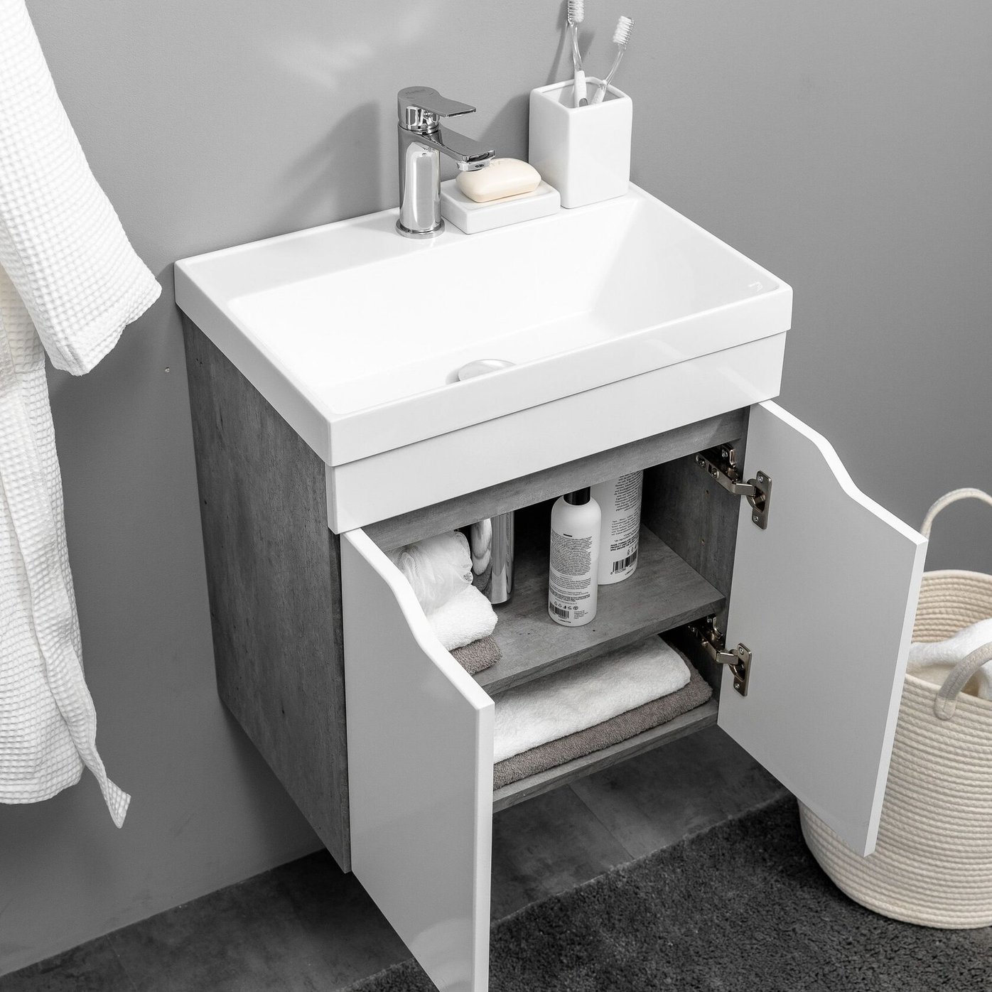 АРОНА 50 Комплект мебели подвесной, 2 дверцы с вырезами (под Слим 50/Альтаис 35), Белый/Бетон метрополитан AR-T50-W/BM