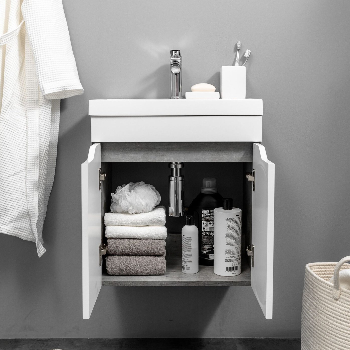 АРОНА 50 Комплект мебели подвесной, 2 дверцы с вырезами (под Слим 50/Альтаис 35), Белый/Бетон метрополитан AR-T50-W/BM