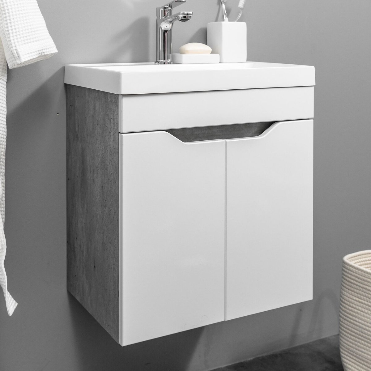 АРОНА 50 Комплект мебели подвесной, 2 дверцы с вырезами (под Слим 50/Альтаис 35), Белый/Бетон метрополитан AR-T50-W/BM