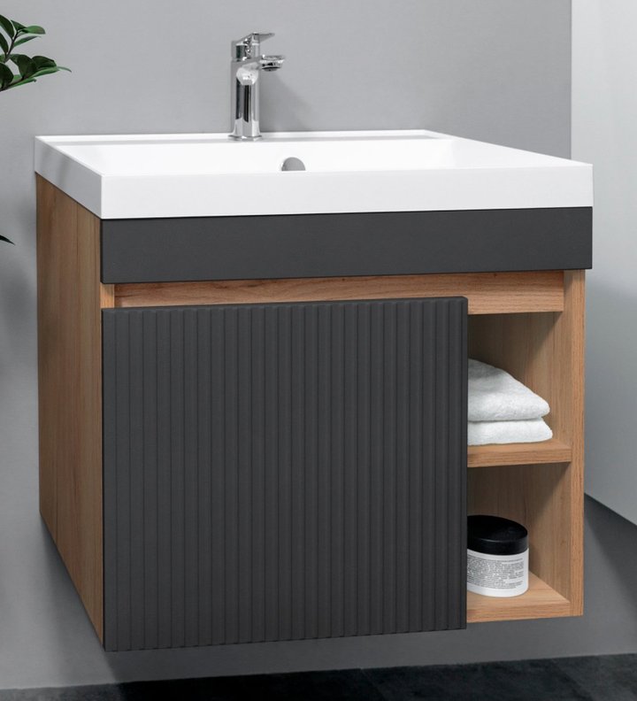 DELLA 60 комплект, подвесной с 1 дверцей и 2 нишами, фасад фрезерованный (под раковину Астория), цвет Графит+крафт De-T60-A-Gr/KPW