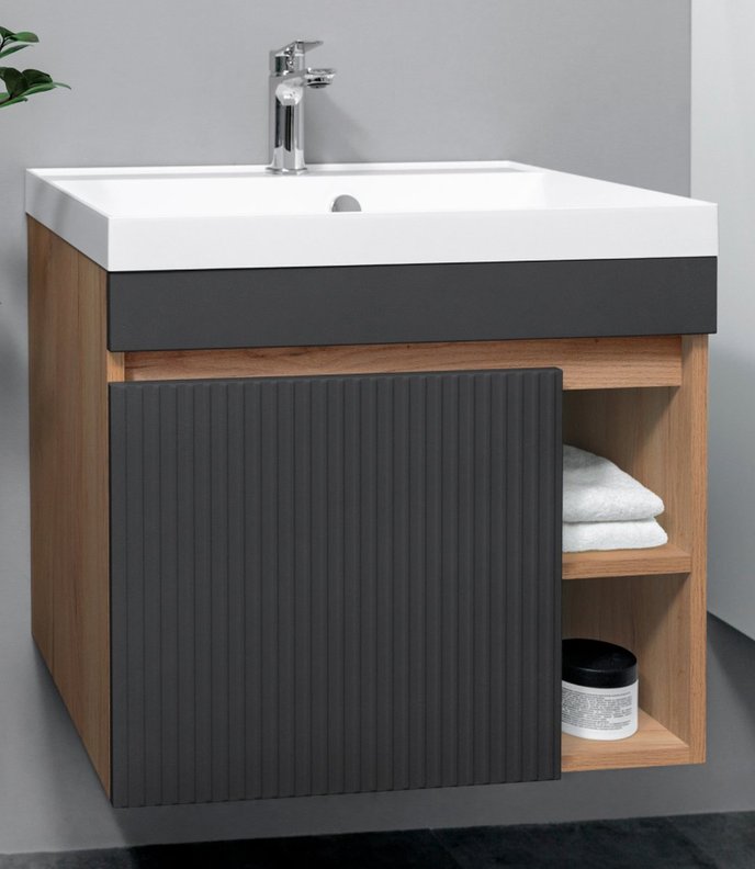 DELLA 60 комплект, подвесной с 1 дверцей и 2 нишами, фасад фрезерованный (под раковину Астория), цвет Графит+крафт De-T60-A-Gr/KPW