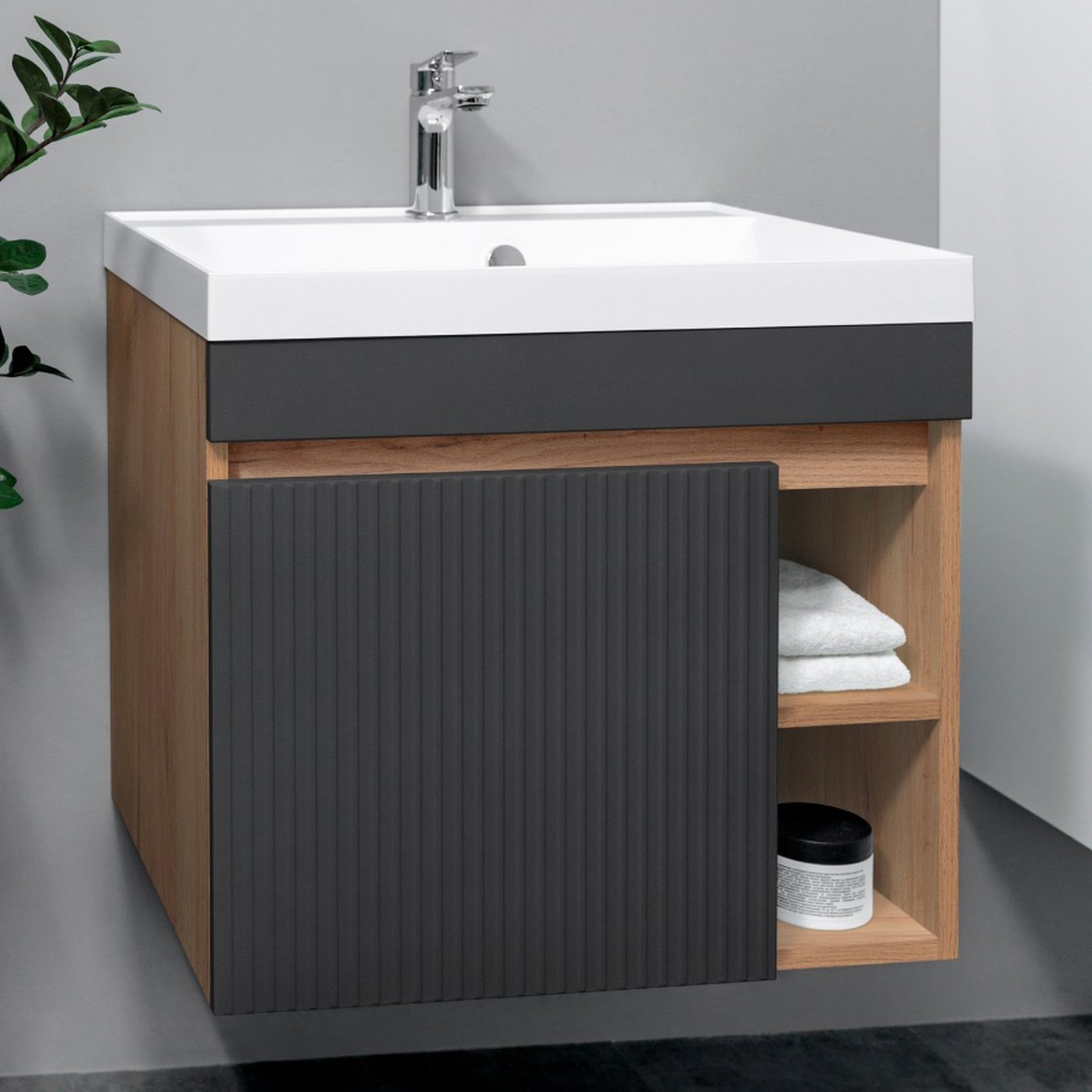 ДЕЛЛА 60 комплект, подвесной с 1 дверцей и 2 нишами, фасад фрезерованный (под раковину Астория), цвет Графит+крафт De-T60-A-Gr/KPW