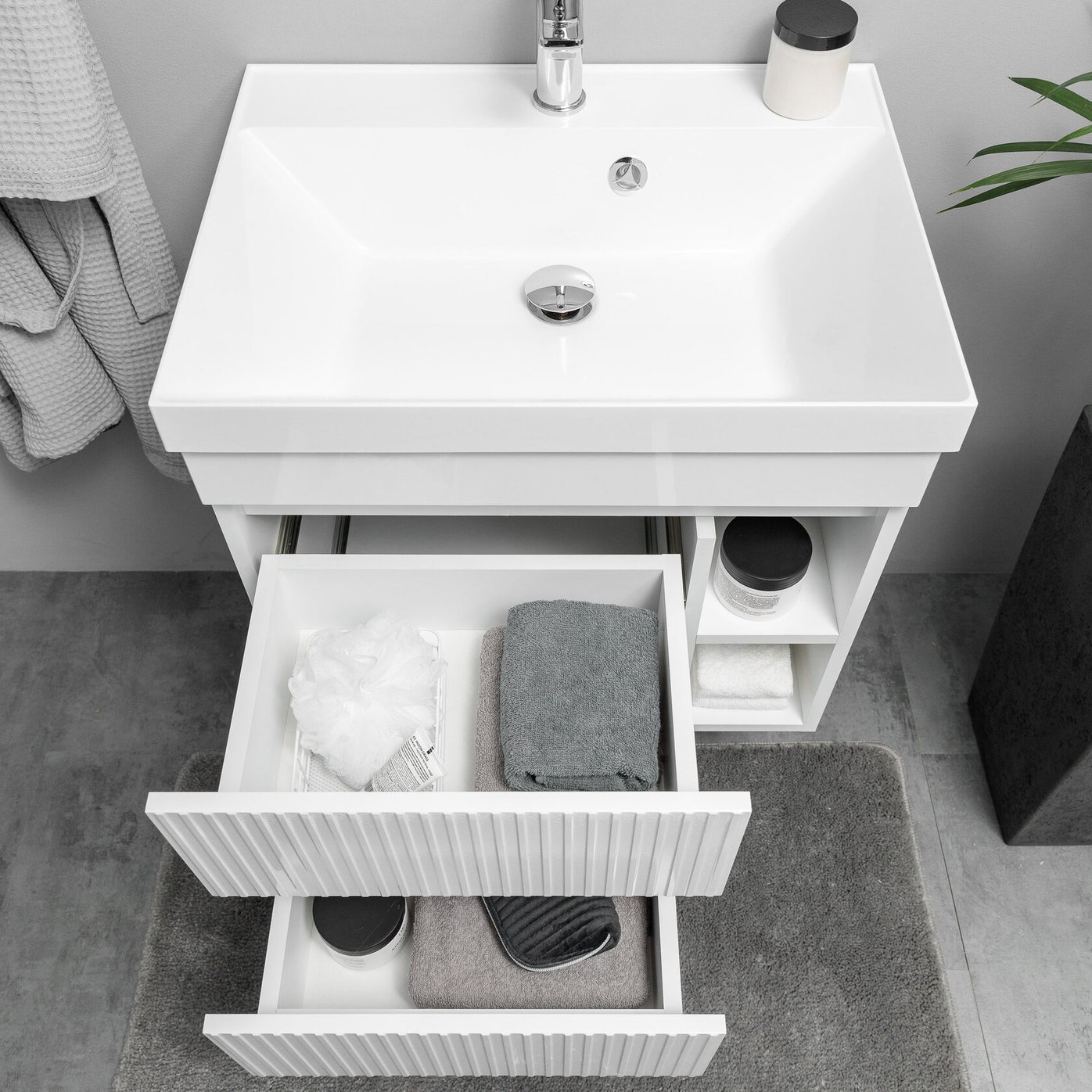 ПУРО 60 комплект, подвесной с 2 ящиками, фасад фрезерованный с нишами (под Астория), цвет Белый PU-T60-W