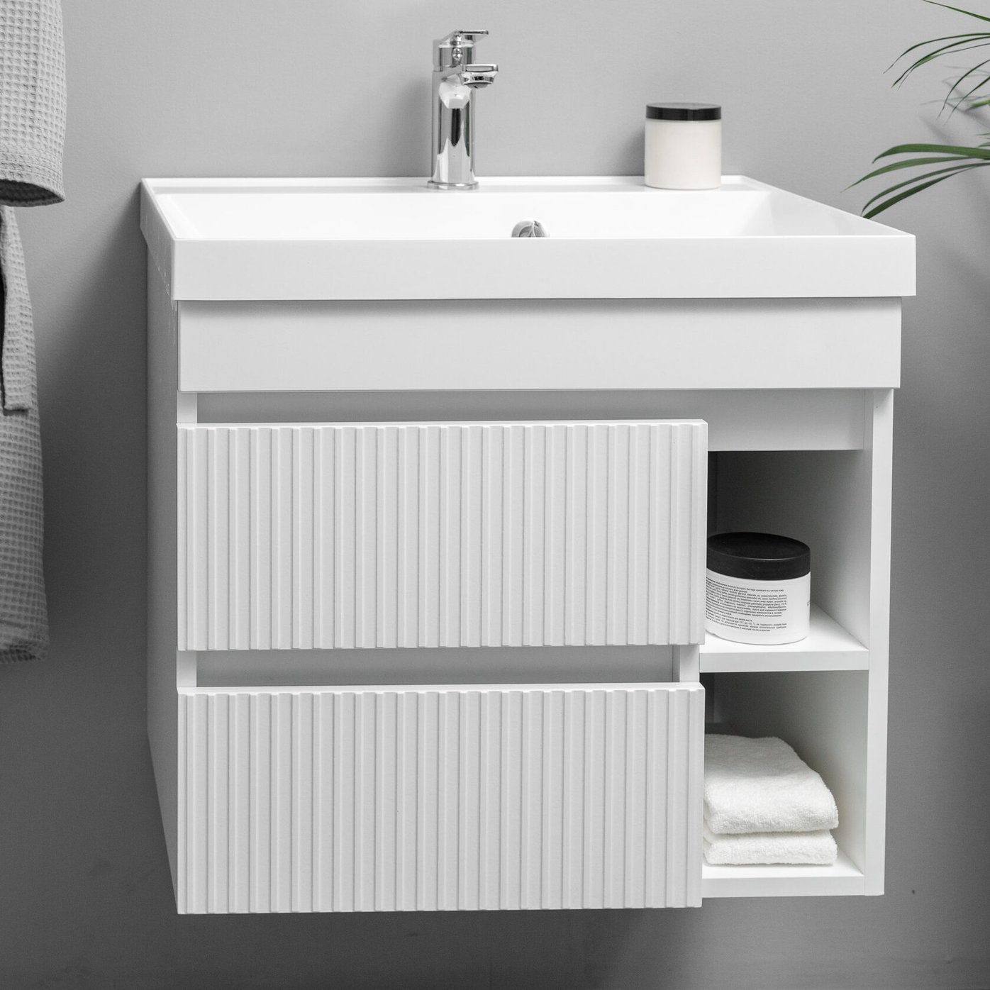 ПУРО 60 комплект, подвесной с 2 ящиками, фасад фрезерованный с нишами (под Астория), цвет Белый PU-T60-W