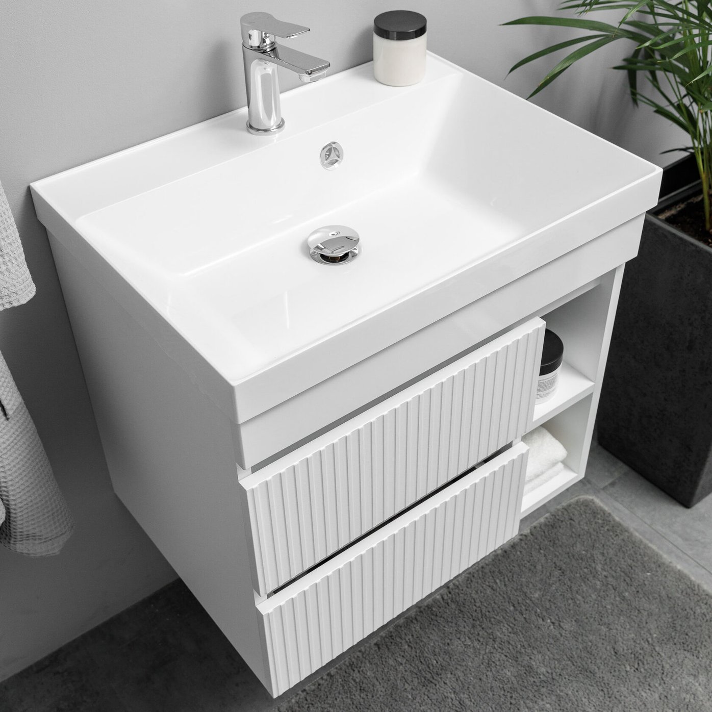 ПУРО 60 комплект, подвесной с 2 ящиками, фасад фрезерованный с нишами (под Астория), цвет Белый PU-T60-W