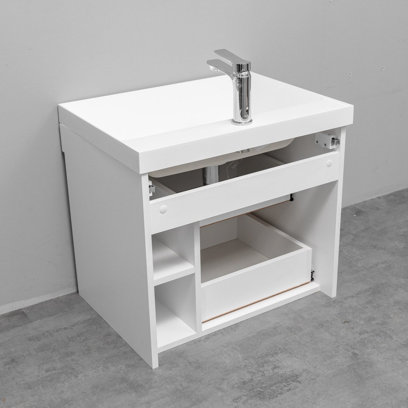 ПУРО 60 комплект, подвесной с 2 ящиками, фасад фрезерованный с нишами (под Астория), цвет Белый PU-T60-W