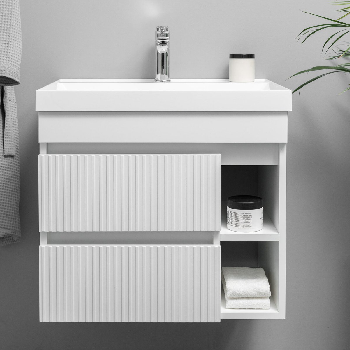 ПУРО 60 комплект, подвесной с 2 ящиками, фасад фрезерованный с нишами (под Астория), цвет Белый PU-T60-W