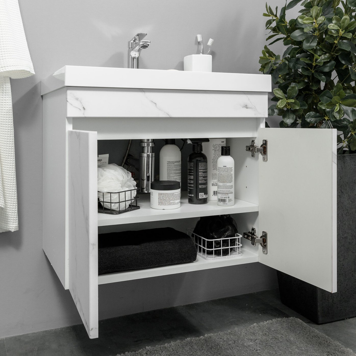 НЕМИ 60 комплект мебели подвесной c дверцами (тумба + умывальник Дакота 60), Белый мрамор NM-D-T60/WMr