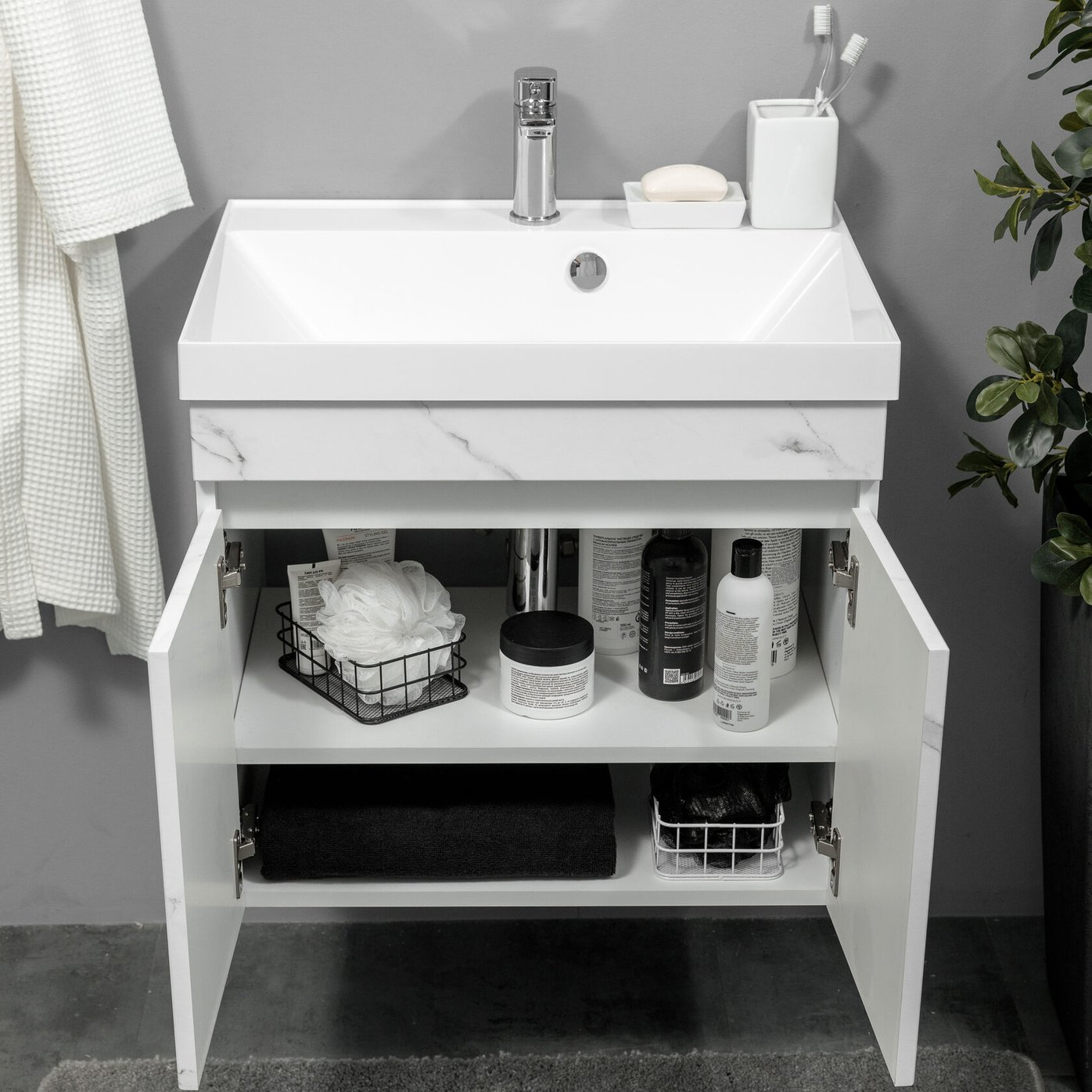 НЕМИ 60 комплект мебели подвесной c дверцами (тумба + умывальник Дакота 60), Белый мрамор NM-D-T60/WMr