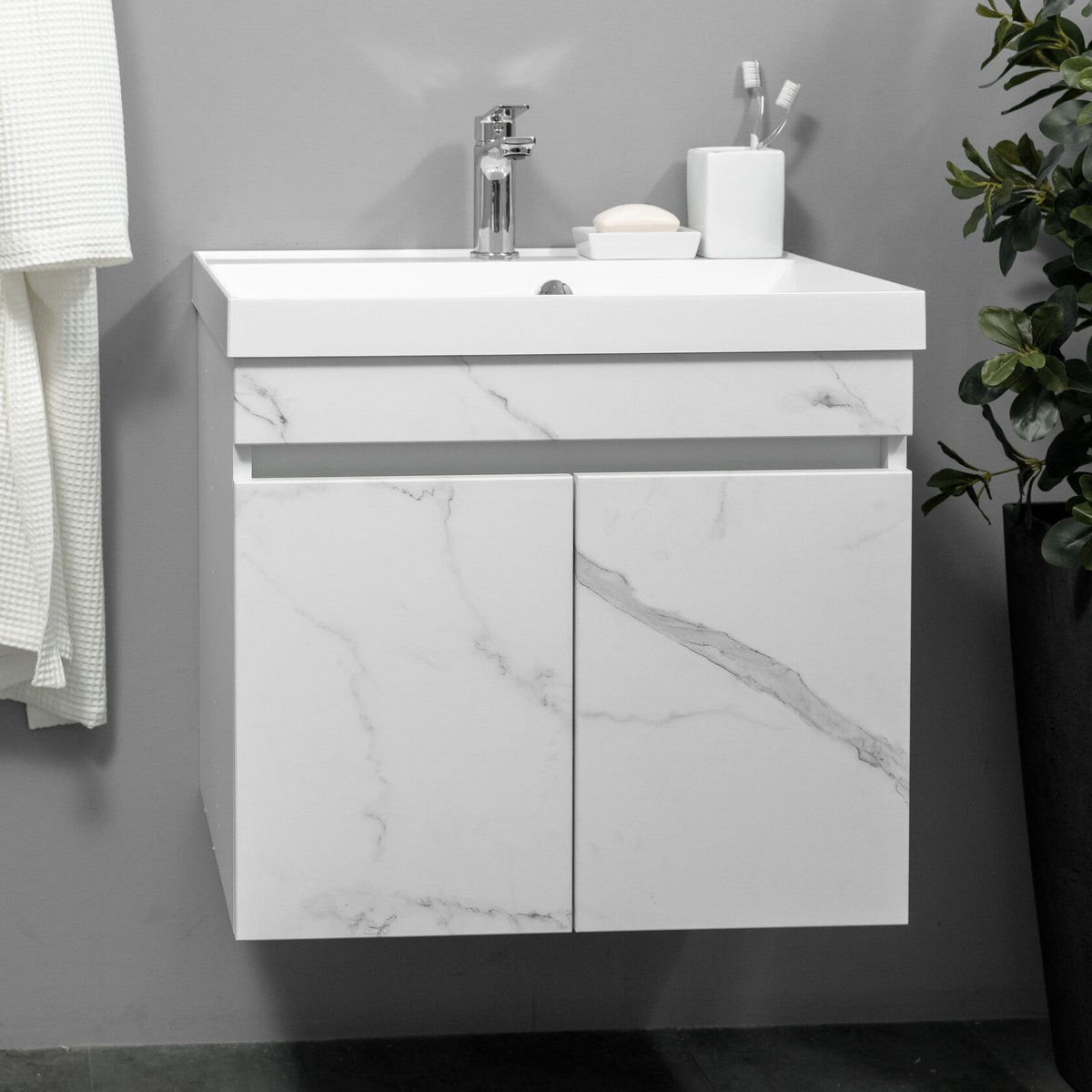 НЕМИ 60 комплект мебели подвесной c дверцами (тумба + умывальник Дакота 60), Белый мрамор NM-D-T60/WMr